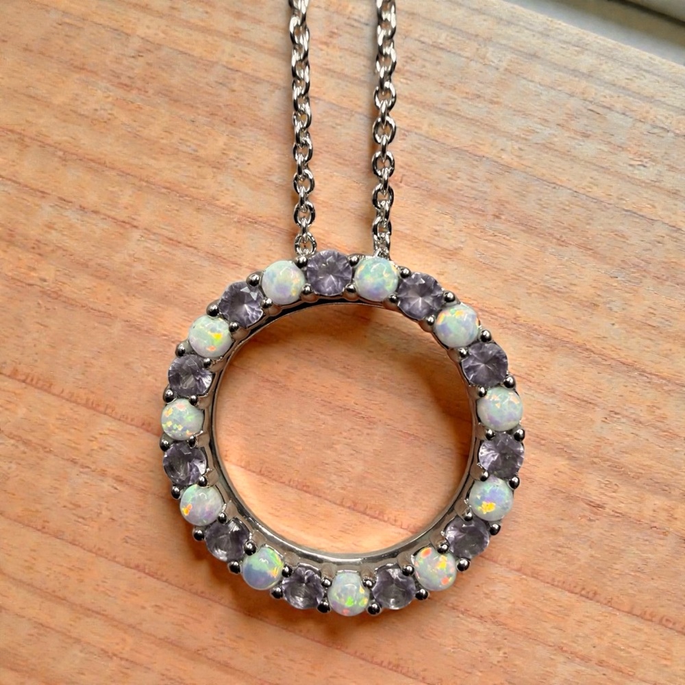 Created Opal Natural Amethyst Circle Pendant Necklace 18 inches Sterling Silver - Picture 2 of 8